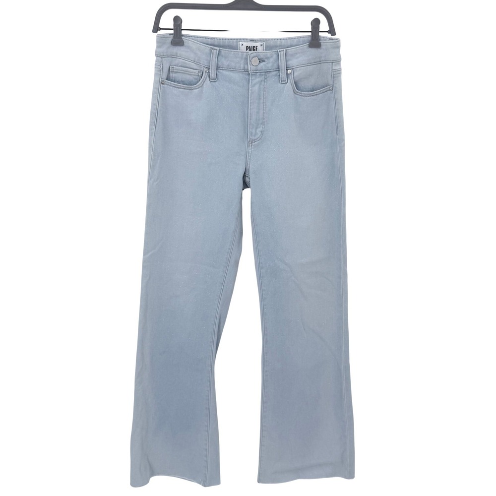 Paige Leenah High Rise Wide Leg Glitter Jeans Light Blue Size 29 Raw Hem